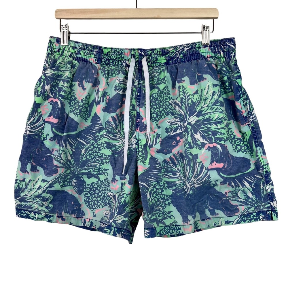 Chubbies Mens XL Hippos Tropical Print Swim Trunks Blue 5.5 Inseam Lined Beach